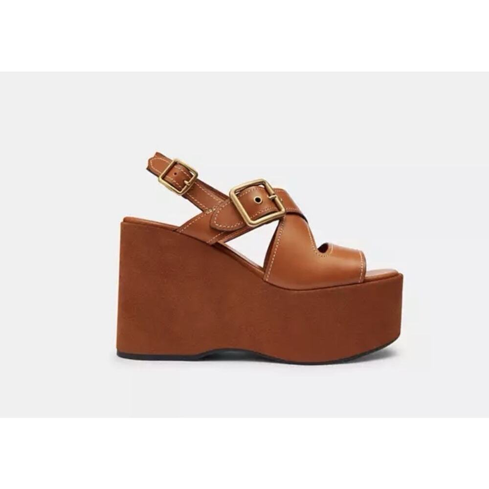 Coach Archival Buckle Platform Sandals Tan Cognac Suede Wedge Size 10 NIB - Picture 15 of 15